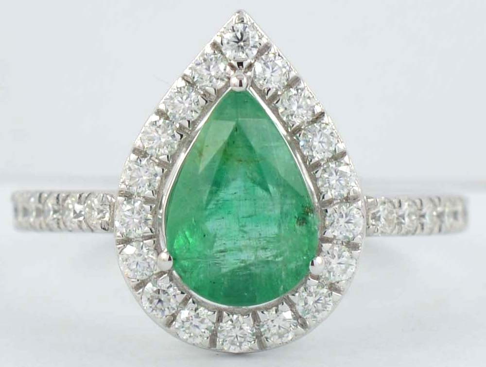 Certified 4 Carat Pear Cut 14kt Solid White Gold Natural Emerald & Natural Diamond Ring (1 of 4)
