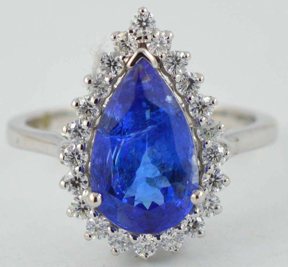 Certified 5.50 Carat Pear Cut 14kt Solid White Gold Natural Tanzanite & Natural Diamond Ring (1 of 4)