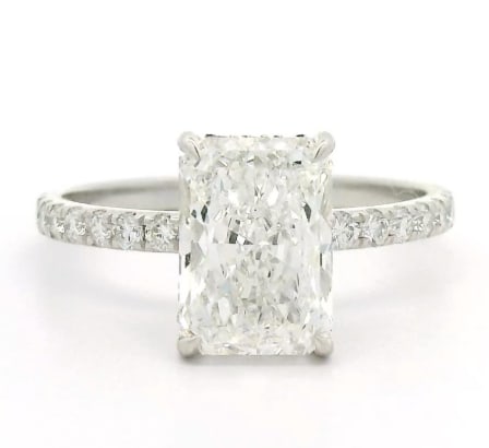 Certified 5 Ct Lab Grown Diamond Engagement Ring in 14K Solid White Gold - Radiant Cut: Certified 5 Ct VS1 E Color Lab Grown Diamond Engagement Ring in 14K Solid White Gold - Radiant Cut - Side Stone is 0.40 Lab Grown Diamonds vs1 e color - Ring Size US 7