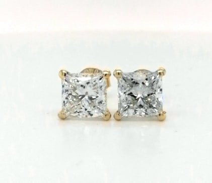 Certified 4 Carat Princess Cut Lab Grown Diamond Earrings 14 kt Solid Yellow Gold: Certified 4 Carat Princess Cut E VVS1 Lab Grown Diamond Earrings 14 kt Solid Yellow Gold