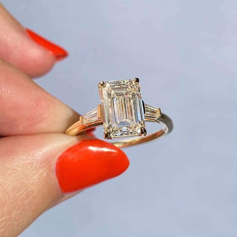 Certified 2.50 Carat 14KT Solid Yellow Gold Lab Grown Diamond Emerald Cut Engagement Ring: Certified 2.50 Carat 14KT Solid Yellow Gold VVS1 D Color Lab Grown Diamond Emerald Cut Engagement Ring - Side Stone is Lab Grwon Diamond Fancy Cut 0.40 ct - Ring Size US 6