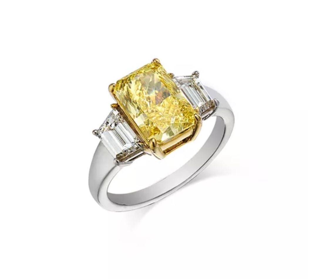 Certified 2 Carat Natural Diamond Yellow Color 14kt Solid White Gold Engagement Ring: Certified 2 Carat VS2 - Radiant Cut Natural Diamond Yellow Color 14kt Solid White Gold Engagement Ring - Side Stone is Natural Diamonds VS1 E Color Fancy Cut 0.60 CT - Ring Size US 6