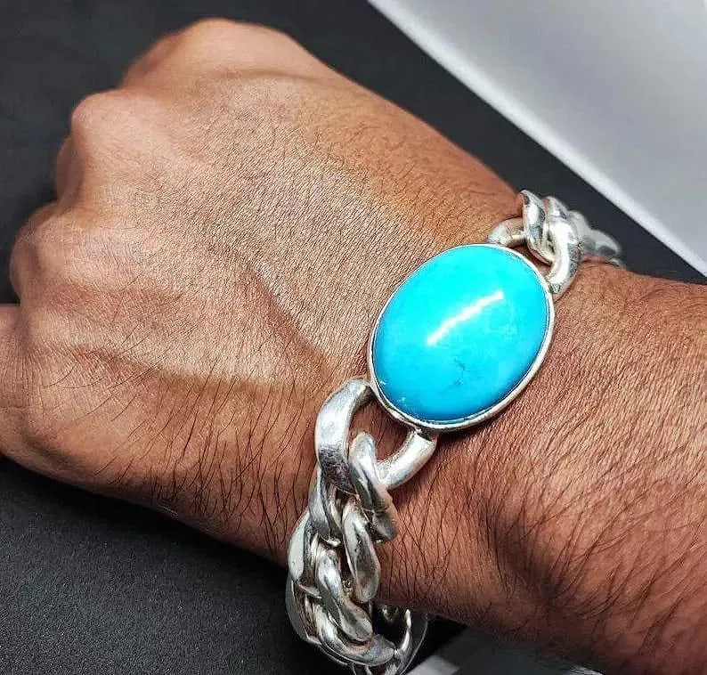 Turquoise 40 Carat Cuban Chain Bracelet, 925 Sterling Silver Cabochon Men's Jewelry Birthstone.: Turquoise 40 Carat Cuban Chain Bracelet, 925 Sterling Silver Cabochon Men's Jewelry Birthstone.