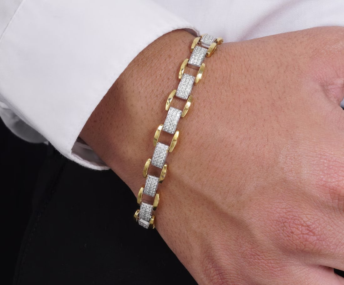 Certified 3.00 Carat Round Cut Lab Grown Diamond D VVS1 Color 14kt Solid yellow And White Two Tone: Certified 3.00 Carat Round Cut Lab Grown Diamond D VVS1 Color 14kt Solid yellow And White Gold Two Tone Gold Men Bracelet - Size 8 inches