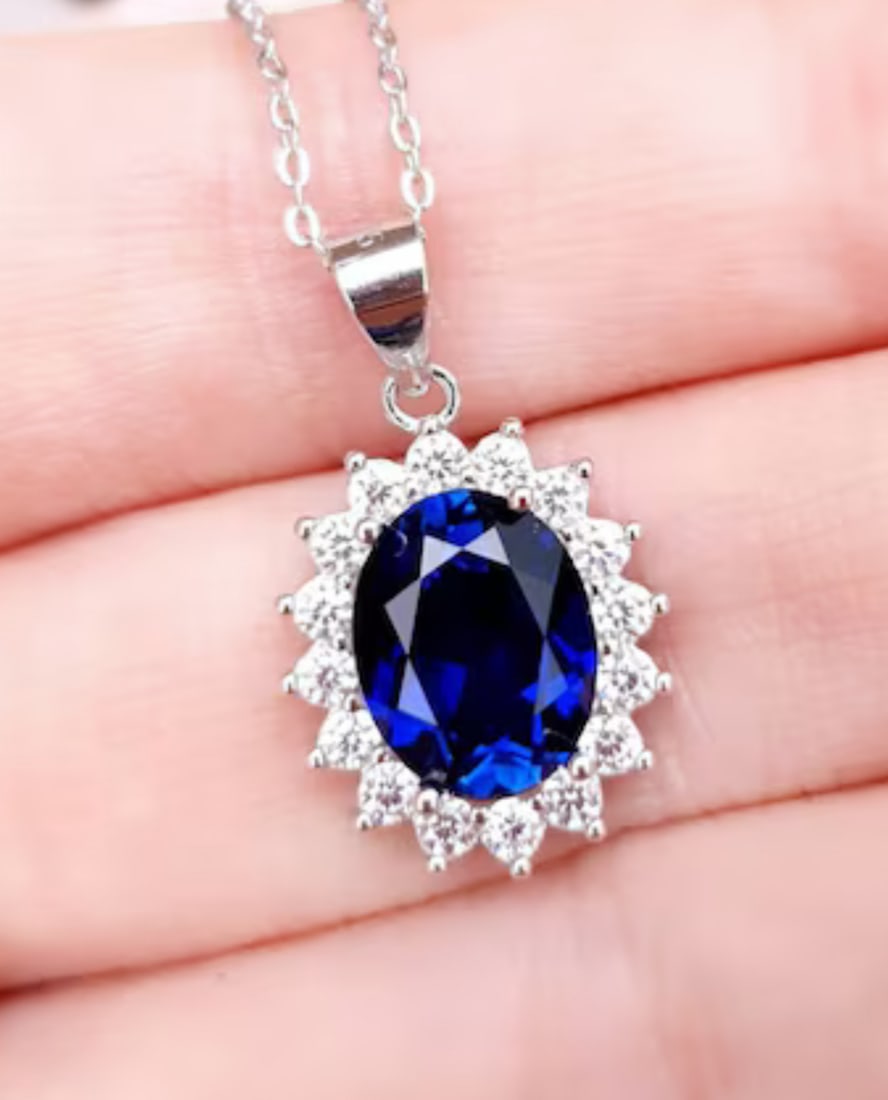 Certified 10.00 Ct Oval Cut Lab Grown Blue Sapphire 14kt Solid White Gold Pendant: Certified 10.00 Ct Oval Cut Lab Grown Blue Sapphire 14kt Solid White Gold Pendant - Side Stone Lab Grown Diamonds 0.80 CT Round Cut VS1 E Color