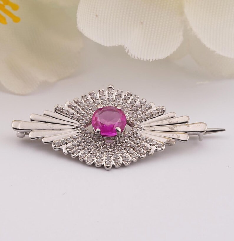 Certified 7.00 Ct Lab Grown Pink Sapphire Round Cut Lab Grown Diamond D VVS1 Color 14kt Solid White: Certified 7.00 Ct Lab Grown Pink Sapphire Round Cut Lab Grown Diamond D VVS1 Color 14kt Solid White Gold Brooch , 5.00 carat Lab Grown Pink Sapphire 2.00 Carat Lab Grown Diamond