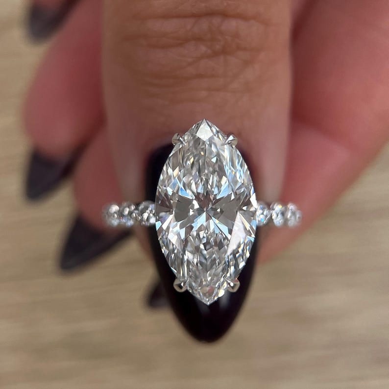Certified 6.5 Carat Marquise Cut Lab Grown Diamond D VVS1 Color 14kt Solid White Gold Engagement: Certified 6.5 Carat Marquise Cut Lab Grown Diamond D VVS1 Color 14kt Solid White Gold Engagement Ring - Side Stone Lab Grown Diamonds 1.30 CT Round Cut VS1 E Color - Ring Size US 7