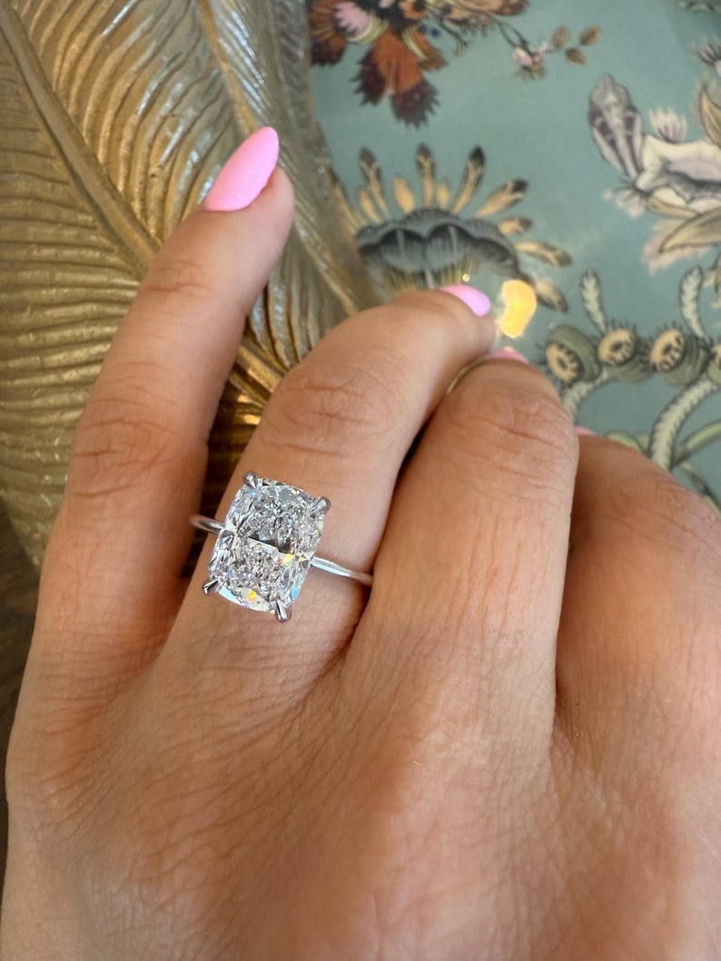 Certified 6.5 Carat Long Cushion Cut Lab Grown Diamond D VVS1 Color 14kt Solid White Gold: Certified 6.5 Carat Long Cushion Cut Lab Grown Diamond D VVS1 Color 14kt Solid White Gold Engagement Ring - Ring Size US - 8