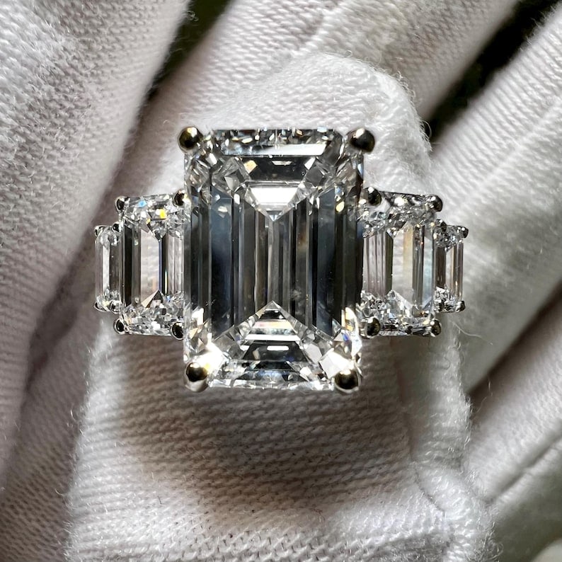 Certified 8.50 Carat Emerald Cut Lab Grown Diamond D VVS1 Color 14kt Solid White Gold Engagement: Certified 8.50 Carat Emerald Cut Lab Grown Diamond D VVS1 Color 14kt Solid White Gold Engagement Ring - Side Stone Lab Grown Diamonds 2 CT Fancy Cut VS1 E Color - Ring Size US 7