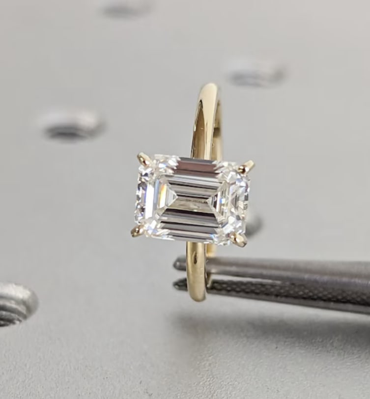 Certified 3 Carat Emerald Cut Lab Grown Diamond D VVS1 Color 14kt Solid Yellow Gold Engagement Ring: Certified 3 Carat Emerald Cut Lab Grown Diamond D VVS1 Color 14kt Solid Yellow Gold Engagement Ring - Ring Size US 7