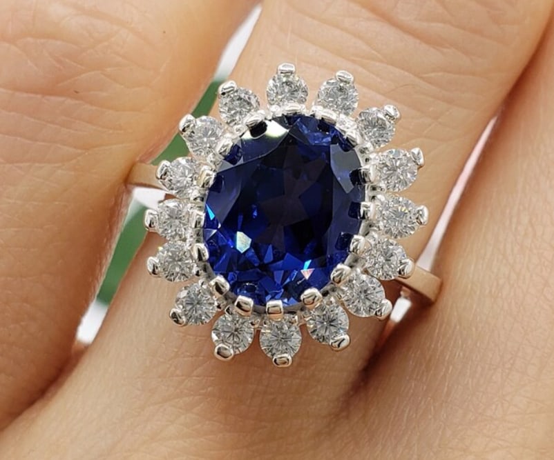 Certified 12 Carat Oval Cut Lab Grown Sapphire & Lab Grown Diamonds 14kt Solid White Gold Engagement: Certified 12 Carat Oval Cut Lab Grown Sapphire & Lab Grown Diamonds 14kt Solid White Gold Engagement Ring - Side Stone Lab Grown Diamonds 0.20 CT Round Cut VS1 E Color - Ring Size US 6.5