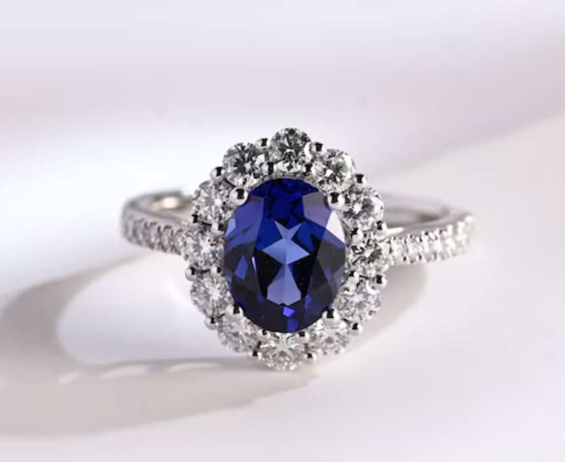 Certified 5 Carat Oval Cut Lab Grown Sapphire & Lab Grown Diamonds 14kt Solid White Gold Engagement: Certified 5 Carat Oval Cut Lab Grown Sapphire & Lab Grown Diamonds 14kt Solid White Gold Engagement Ring -Side Stone Lab Grown Diamonds 0.70 CT Round Cut VS1 E Color - Ring Size US 7