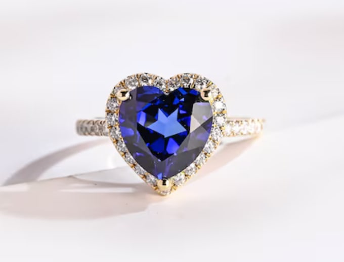 Certified 8 Carat Heart Cut Lab Grown Sapphire & Lab Grown Diamonds 14kt Solid Yellow Gold: Certified 8 Carat Heart Cut Lab Grown Sapphire & Lab Grown Diamonds 14kt Solid Yellow Gold Engagement Ring - Side Stone Lab Grown Diamonds 0.50 CT Round Cut VS1 E Color - Ring Size US 6.5