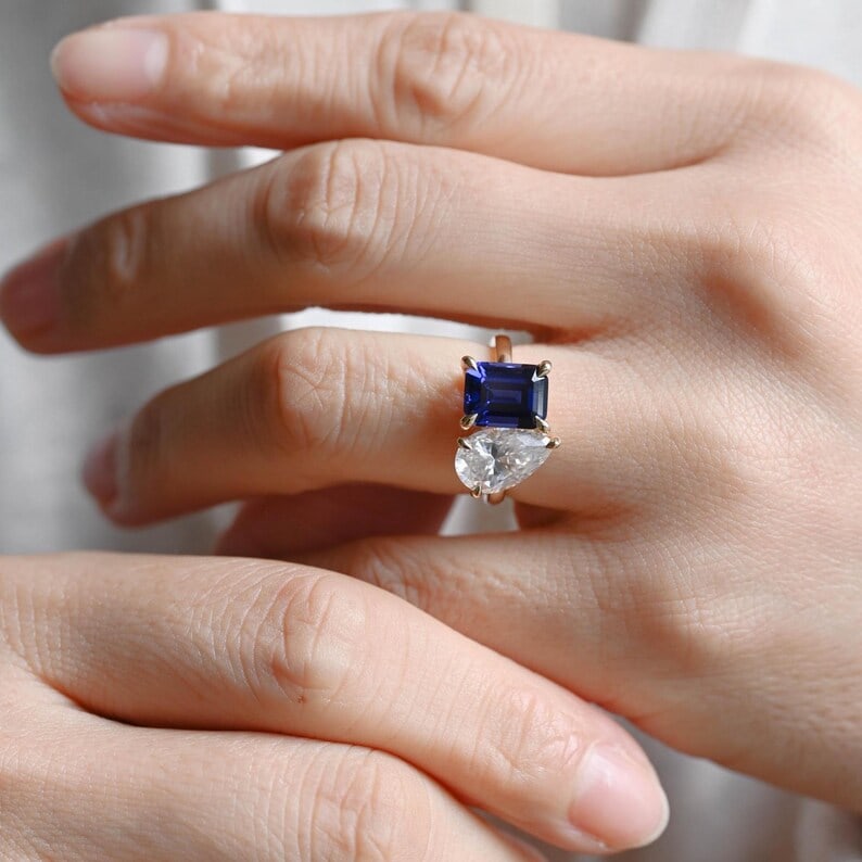 Certified 4 Carat Emerald and Pear Cut Lab Grown Sapphire & Lab Grown Diamonds 14kt Solid Yellow: Certified 4 Carat Emerald and Pear Cut Lab Grown Sapphire & Lab Grown Diamonds 14kt Solid Yellow Gold Engagement Ring - Ring Size US 6