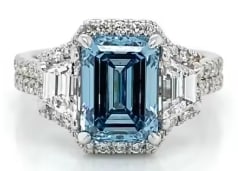 5 Carat - Certified Lab Grown Blue Diamond Ring in 14KT Solid White Gold: 5 Carat Emerald Cut - Certified Lab Grown Blue Diamond Ring in 14KT Solid White Gold - 1.40 Ct Round Cut & Fancy Cut Lab Grown Diamonds Side Stones (VS1, F Color) – Excellent Luster – Ring Size US