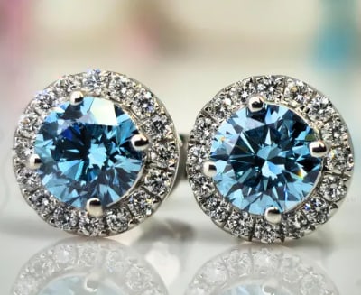 3 -Carat - Certified Lab Grown Blue Diamond Earrings in 14KT Solid White Gold: 3 -Carat - Certified Lab Grown Blue Diamond Earrings in 14KT Solid White Gold - 0.50 Ct Round Cut Lab Grown Diamonds Side Stones (VS1, F Color) – Excellent Luster – Free Shipping ,