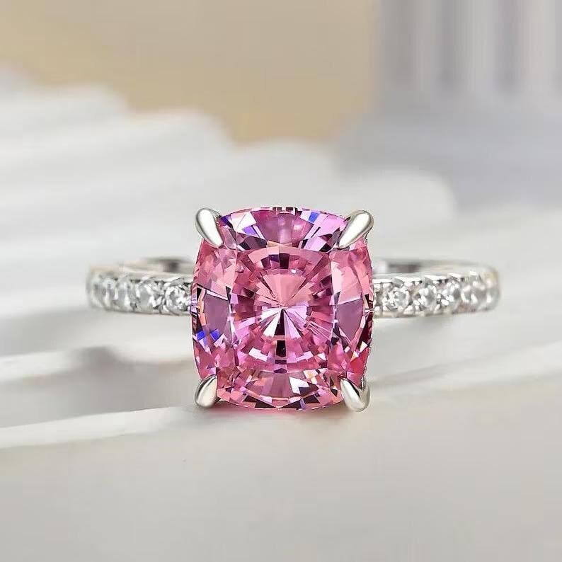 3.5 Carat - Certified Lab Grown Pink Diamond Ring in 14KT Solid White Gold: Cushion Cut 3.5 Carat -Certified Lab Grown Pink Diamond Ring in 14KT Solid White Gold - 0.40 Ct Round Cut Lab Grown Diamonds Side Stones (VS1, F Color) – Ring Size US - 6 Excellent Luster – Free R