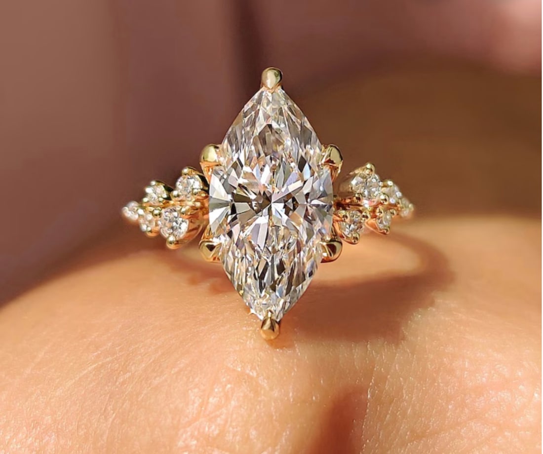 5 Carat Marquise Cut Certified D VVS1 Lab Grown Diamond in 14KT Solid Yellow Gold Engagement Ring: 5 Carat Marquise Cut Certified D VVS1 Lab Grown Diamond in 14KT Solid Yellow Gold Engagement Ring - Ring Size US - 6 - Side Stone Lab Grown Diamonds 0.15 Ct Vs1 E Color - Excellent Luster - Free Resiz