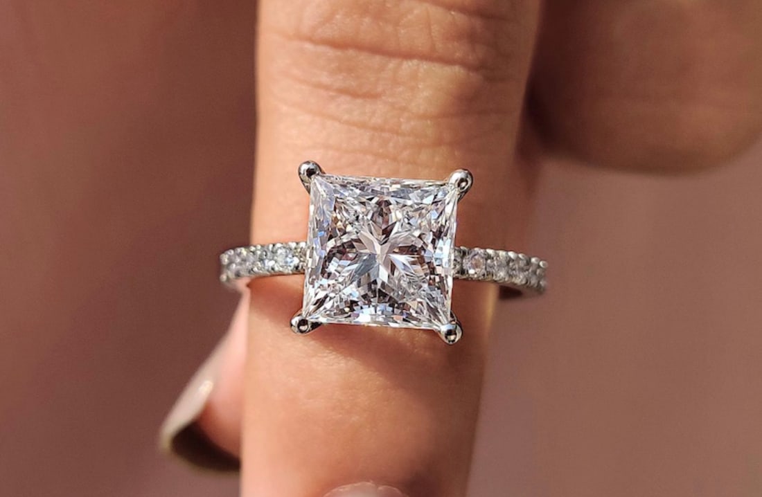 Certified 4 Carat Princess Cut D VVS1 Lab Grown Diamond in 14KT Solid White Gold Engagement Ring (1 of 3)