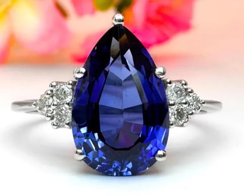 Certified 5.00 Ct Lab Grown Blue Sapphire Ring 14K Gold Pear Cut- Gift for Her -Engagement Ring: Certified 5.00 Ct Lab Grown Blue Sapphire Ring 14K Gold Pear Cut- Gift for Her -Engagement Ring - Ring Size US - 6.5 - Side Stone Round Cut Lab Grown Diamonds 0.40 Ct Vs1 E Color - Excellent Luster -F