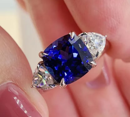 Certified 8.00 Ct Lab Grown Blue Sapphire Cushion Cut 14K Solid White Gold Engagement Ring: Certified 8.00 Ct Lab Grown Blue Sapphire Cushion Cut 14K Solid White Gold Engagement Ring - Ring Size - 6 - Side Stone is Lab Grown Diamonds VS1 D Color Fancy Cut 1.20 Ct - Excellent Luster -Free Res
