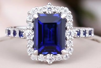Certified 8 Ct Lab Grown Blue Sapphire Emerald Cut 14K Solid White Gold Engagement Ring: Certified 8 Ct Lab Grown Blue Sapphire Emerald Cut 14K Solid White Gold Engagement Ring - Ring Size US 6.5- Side Stone is VVS1 D Color Round Lab Grown Diamonds & Lab Grown Blue Sapphire Cut 0.60 Ct -