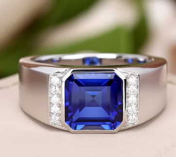 Certified 6.5 Carat Asscher Cut Lab Grown Blue Sapphire 14K Solid White Gold Wedding Men's Ring: Certified 6.5 Carat Asscher Cut Lab Grown Blue Sapphire 14K Solid White Gold Wedding Men's Ring - Ring Size US 7 Side Stone is VVS1 D Color Round Lab Grown Diamonds Cut 0.50 Ct - Excellent Luster -Fre