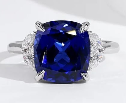 Certified 11.5 Carat Long Cushion Cut Lab Grown Blue Sapphire 14K Solid White Gold Engagement Ring: Certified 11.5 Carat Long Cushion Cut Lab Grown Blue Sapphire 14K Solid White Gold Engagement Ring - Ring Size US 7 - Side Stone is VVS1 D Color Round & Fancy Lab Grown Diamonds Cut 0.50 Ct - Excellen