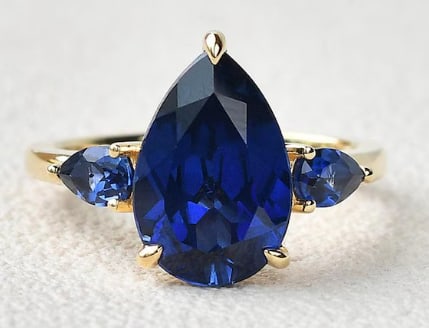 Certified 7.50 Carat Pear Cut Lab Grown Blue Sapphire 14K Solid Rose Gold Engagement Ring: Certified 7.50 Carat Pear Cut Lab Grown Blue Sapphire 14K Solid Rose Gold Engagement Ring - Side Stone is Pear Cut Lab Grown Blue Sapphire 1.10 Ct - Ring Size US 6.5 - Excellent Luster -Free Resizing