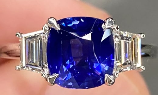 Certified 6.00 Carat Cushion Cut Lab Grown Blue Sapphire 14K Solid White Gold Engagement Ring: Certified 6.00 Carat Cushion Cut Lab Grown Blue Sapphire 14K Solid White Gold Engagement Ring - Ring Size US 6.5 Side Stone is VVS1 D Color Fancy Cut Lab Grown Diamonds 0.80 Ct - Excellent Luster -Fre