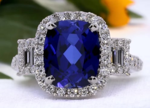 Certified 8.5 Carat Long Cushion Cut Lab Grown Blue Sapphire 14K Solid White Gold Engagement Ring: Certified 8.5 Carat Long Cushion Cut Lab Grown Blue Sapphire 14K Solid White Gold Engagement Ring -Ring Size US 6 Side Stone is VVS1 D Color Fancy Cut & Round Cut Lab Grown Diamonds 0.60 Ct - Excellen