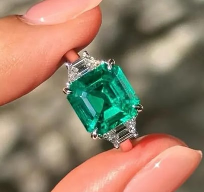 Certified 7 Carat Asscher Cut Lab Grown Emerald, 14Kt Solid White Gold Engagement Ring: Certified 7 Carat Asscher Cut Lab Grown Emerald, 14Kt Solid White Gold Engagement Ring - Ring Size US 6 - Side Stone is VVS1 D Color Fancy Cut Lab Grown Diamonds 0.60 Ct - Excellent Luster -Free Resiz