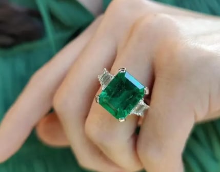 Certified 12.5 Carat Emerald Cut Lab Grown Emerald, 14Kt Solid White Gold Engagement Ring: Certified 12.5 Carat Emerald Cut Lab Grown Emerald, 14Kt Solid White Gold Engagement Ring - Ring Size US 7 - Side Stone is VVS1 D Color Fancy & Round Cut Lab Grown Diamonds 0.60 Ct - Excellent Luster