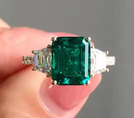 Certified 7.5 Carat Emerald Cut Lab Grown Emerald, 14Kt Solid Yellow Gold Engagement Ring: Certified 7.5 Carat Emerald Cut Lab Grown Green Emerald, 14Kt Solid Yellow Gold Engagement Ring - Ring Size US 6 Side Stone is VVS1 D Color Round & Fancy Cut Lab Grown Diamonds Cut 0.80 Ct - Excellent