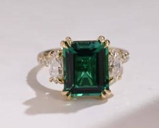 Certified 6.5 Carat Emerald Cut Lab Grown Emerald, 14Kt Solid Yellow Gold Engagement Ring: Certified 6.5 Carat Emerald Cut Lab Grown Emerald, 14Kt Solid Yellow Gold Engagement Ring - Ring Size US 7 Side Stone is VVS1 D Color Round & Fancy Cut Lab Grown Diamonds 0.60 Ct - Excellent Luster -F