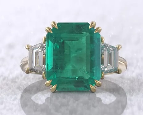 Certified 10 Carat Emerald Cut Lab Grown Emerald, 14Kt Solid Yellow Gold Engagement Ring: Certified 10 Carat Emerald Cut Lab Grown Emerald, 14Kt Solid Yellow Gold Engagement Ring - Ring Size US 7 Side Stone is VVS1 D Color Fancy Cut Lab Grown Diamonds 0.90 Ct - Excellent Luster -Free Resiz