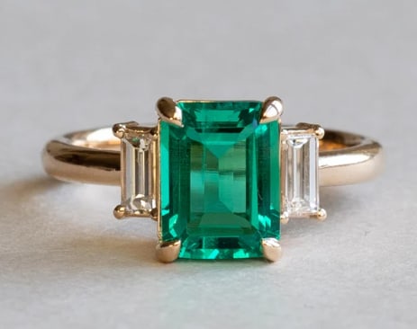Certified 6 Carat Emerald Cut Lab Grown Emerald, 14Kt Solid Rose Gold Engagement Ring: Certified 6 Carat Emerald Cut Lab Grown Emerald, 14Kt Solid Rose Gold Engagement Ring - Ring Size US 6 Side Stone is VVS1 D Color Fancy Cut Lab Grown Diamonds 0.60 Ct - Excellent Luster -Free Resizing