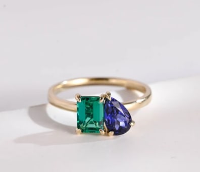 Certified 8 Carat Emerald Cut Lab Grown Emerald & Lab Grown Blue Sapphire 14Kt Solid Rose Gold: Certified 8 Carat Emerald Cut Lab Grown Emerald & Lab Grown Blue Sapphire 14Kt Solid Rose Gold Engagement Ring - Ring Size US 6.5 - Excellent Luster -Free Resizing & Free Shipping