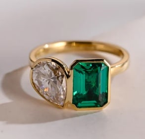 Certified 6 Carat Emerald Cut Lab Grown Emerald & Lab Grown Diamond Pear Cut 14Kt Solid Yellow Gold: Certified 6 Carat Emerald Cut Lab Grown Emerald & Lab Grown Diamond Pear Cut VS1 D Color 14Kt Solid Yellow Gold Engagement Ring - Ring Size US 7 - Excellent Luster -Free Resizing & Free Shipping