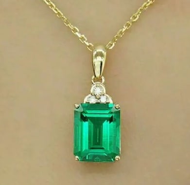 Certified 8 Carat Emerald Cut Lab Grown Emerald 14Kt Solid Yellow Gold Pendant: Certified 8 Carat Emerald Cut Lab Grown Emerald 14Kt Solid Yellow Gold Pendant - Side Stone is VVS1 D Color Round Cut Lab Grown Diamonds 0.20 Ct - Excellent Luster - Free Shipping