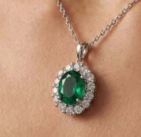 Certified 6 Carat Oval Cut Lab Grown Emerald 14Kt Solid White Gold Pendant: Certified 6 Carat Oval Cut Lab Grown Emerald 14Kt Solid White Gold Pendant - Side Stone is VVS1 D Color Round Cut Lab Grown Diamonds 0.60 Ct - Excellent Luster - Free Shipping