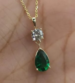 Certified 5 Carat Pear Cut Lab Grown Emerald & Lab Grown Diamond 14Kt Solid Yellow Gold Pendant: Certified 5 Carat Pear Cut Lab Grown Emerald & 1 Carat VS1 D Color Round Cut Lab Grown Diamond - 14Kt Solid Yellow Gold Pendant - Excellent Luster - Free Shipping