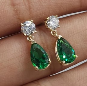 Certified 8.00 Carat Pear Cut Lab Grown Emeralds & 1.40 Ct VVS1 E Color Lab Grown Diamonds 14Kt: Certified 8.00 Carat Pear Cut Lab Grown Emeralds & 1.40 Ct VVS1 E Color Round Cut Lab Grown Diamonds 14Kt Solid Yellow Gold Earrings - Excellent Luster - Free Shipping