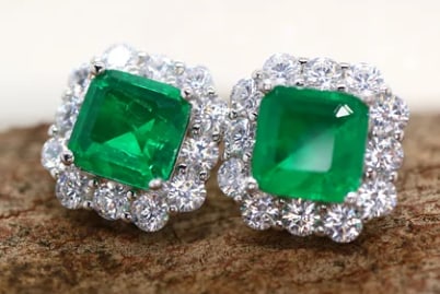 Certified 10 Carat Asscher Cut Lab Grown Emeralds 14Kt Solid White Gold Earrings: Certified 10 Carat Asscher Cut Lab Grown Emeralds 14Kt Solid White Gold Earrings - Side Stone is VVS1 D Color Round Cut Lab Grown Diamonds 0.60 Ct - Excellent Luster & Free Shipping