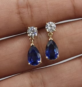 Certified 8.00 Carat Pear Cut Lab Grown Blue Sapphire & 1.40 Ct Round Cut VS1 E Color Lab Grown: Certified 8.00 Carat Pear Cut Lab Grown Blue Sapphire & 1.40 Ct Round Cut VS1 E Color Lab Grown Diamonds 14Kt Solid Yellow Gold Earrings - Excellent Luster & Free Shipping