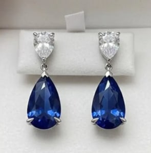 Certified 12.00 Carat Pear Cut Lab Grown Blue Sapphire & Pear Cut 2.20 Ct VVS1 E Color Lab Grown: Certified 12.00 Carat Pear Cut Lab Grown Blue Sapphire & Pear Cut 2.20 Ct VVS1 E Color Lab Grown Diamonds 14Kt Solid White Gold Earrings - Excellent Luster & Free Shipping