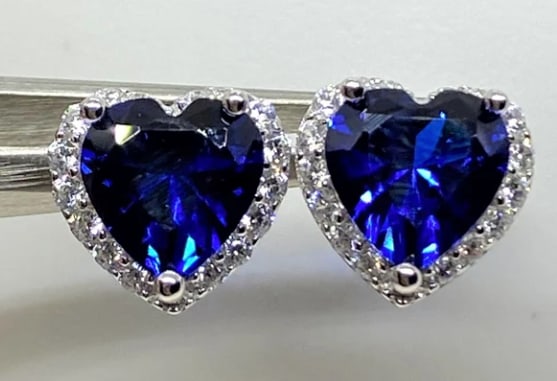 Certified 10.00 Carat Heart Cut Lab Grown Blue Sapphire 14Kt Solid White Gold Earrings: Certified 10.00 Carat Heart Cut Lab Grown Blue Sapphire 14Kt Solid White Gold Earrings - Side Stone is VVS1 D Color Round Cut Lab Grown Diamonds 0.60 Ct - Excellent Luster -& Free Shipping