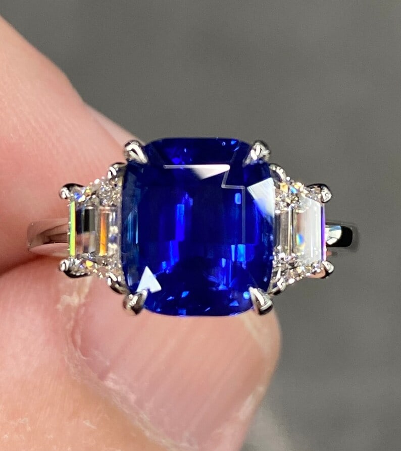 Certified 12 Carat Lab Grown Diamond & Cushion Cut Lab Grown Blue Sapphire VVS1 E Color 14kt Solid: Certified 12 Carat Cushion Cut Lab Grown Blue Sapphire & Lab Grown Diamond VVS1 E Color 14kt Solid White Gold Engagement Ring - Side Stone Lab Grwon Diamonds VS1 E Color Fancy Cut 0.80 - Ring Resize A