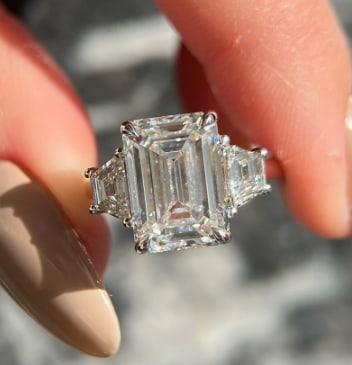 Certified 8 Carat Three Stone Emerald Cut Ring VS1 F Color Lab Grown Diamond 14Kt Solid White Gold: 68 Carat Three Stone Emerald Cut Ring VS1 F Color Lab Grown Diamond 14Kt Solid White Gold Engagement Ring -- Canter Stone 7 Carat - Side Stone Lab Grown Diamonds VS1 E Color Fancy Cut 0.50 + 0.50 CT 1