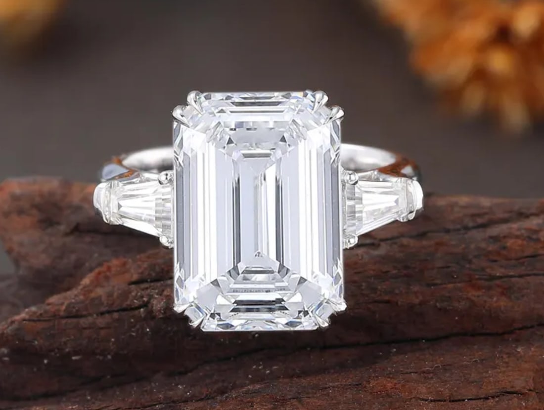 Certified 8.50 Carat Emerald Cut Lab Grown Diamond VVS1 D Color 14kt Solid White Gold Engagement: Certified 8.50 Carat Emerald Cut Lab Grown Diamond VVS1 D Color 14kt Solid White Gold Engagement Ring - Side Stone Lab Grown fancy cut .30 ct vs1 e color - Ring Size US - 7- Ring Resize Available free